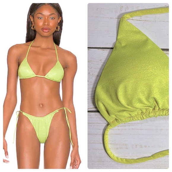 Monica Hansen | Shimmery Lurex Halter Neck Triangle String Bikini Top Yellow | S - Picture 1 of 10